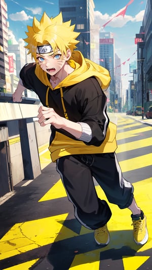 uzumaki naruto, 1boy, blonde hair, spiked hair, blue eyes, whisker markings, facial mark, ((yellow hoodie)), ((black joggers)), (yellow shoes), city, running