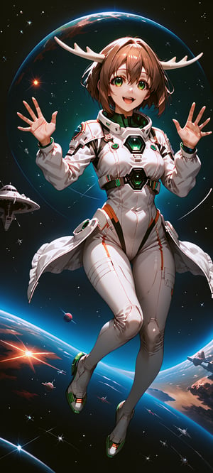 score_9, score_8_up, score_7_up, noko shikanoko, short hair, bangs, brown hair, hair between eyes, green eyes, horns, happy, space suit, floating, in space, full body, intricate_details_xl,beautiful_female_fingers,perfect hands,detailed hands,beautiful hands