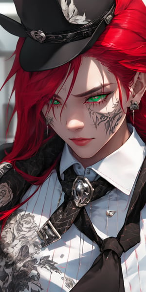 KATARINA, TATTOO, scar over eye, mature, mature face, 1girl, mafia, Mafia clothes, mafia office