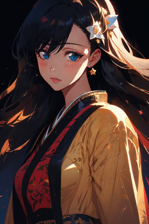 a girl with a lotus with a star haori, in a town, Detailed Textures, high quality, high resolution, high Accuracy, realism, color correction, Proper lighting settings, harmonious composition, Noel, black hair, blue eyes, long hair, hair ornament