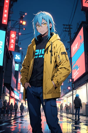 rimuru tempest, blue hair, yellow eyes, long hair, blue jacket, hands in pocket, cyberpunk, night city
