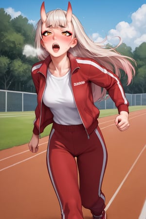 score_9, score_8_up, score_7_up, source_western, 1girl, solo, AyameTracksuit, oni horns, long hair, red jacket, white shirt, clothes writing, red pants, track pants, running, outdoors, sweat, open mouth, blush, heavy breath, sweat clothes, realistic