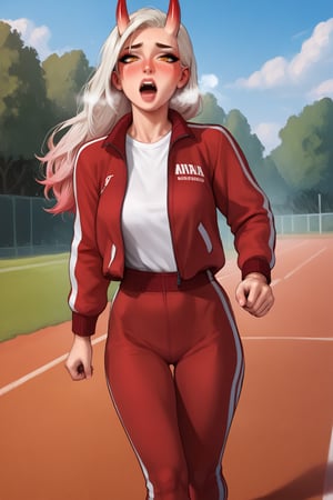 score_9, score_8_up, score_7_up, source_western, 1girl, solo, AyameTracksuit, oni horns, long hair, red jacket, white shirt, clothes writing, red pants, track pants, running, outdoors, sweat, open mouth, blush, heavy breath, sweat clothes, realistic