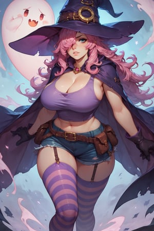 score_9, score_8_up, score_7_up, 1girl, voluptuous,purple top, ghost, pink hair, long hair, fluffy hair, hair covering one eye, witch hat, gloves, tank top, thighhighs, garter straps,striped legwear, gear belt, cloak