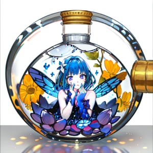 master piece, brillants colors,hd,, best quality,high quality:1.5,1 girl, fairy, enclosed in a glass container of a potion, her wings bright blue, yellow and purple, which makes the glass shine intensely,Bottle,Add more details.,def_face,In glass bottle,bottle.
