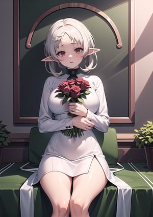 Elf maiden's tranquil repose: A masterpiece portrait of a beautiful, refined elf girl sitting at a table, cradling a bouquet of roses with her delicate, 5-fingered hands. Her short, grayish-white hair frames her striking features, including bright red eyes. She wears a flowing white dress, leaning elegantly against the trunk of a tree in a lush green meadow surrounded by a tapestry of blue, red, and green roses. The soft glow of late afternoon sunlight casts a warm ambiance, highlighting her porcelain skin and intricate details legs: 1.8, hands: 1.8. Score: 9+.