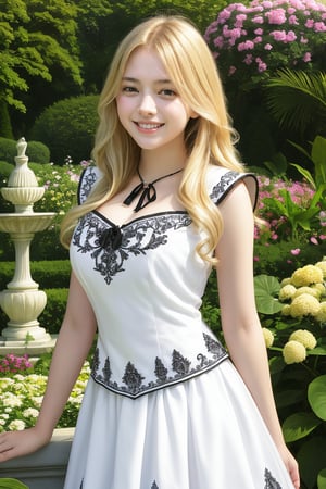 1girl, Beautiful young woman, blonde, smiling, (in beautiful Ukrainian national costume embroidery ornament white, black), sunny day, botanical garden, realistic, sexy mood 