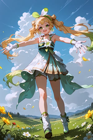 1girl, solo, flower, gloves, outdoors, long_hair, fingerless_gloves, sky, open_mouth, cloud, smile, white_gloves, green_eyes, day, twintails, outstretched_arms, very_long_hair, blonde_hair, field, virtual_youtuber, white_flower, standing, shorts, sleeveless, from_below, green_hair, bangs, white_shorts, cloudy_sky, :d, hairband, dress, verina \(wuthering waves\), V3r1n4