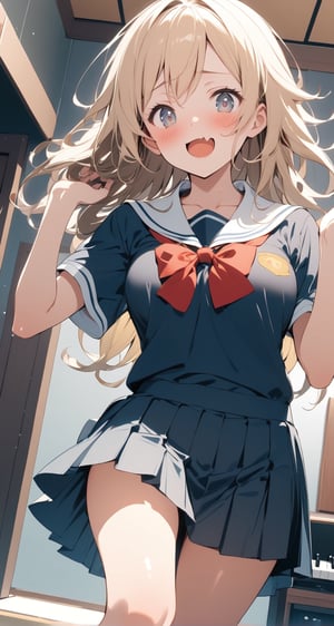 1girl, medium breasts, school uniform,
mesugaki, smile, looking at viewer, blush, hand up, skin fang, 
dutch angle, feet out of frame, looking at viewer, blonde hair, silver eyes,scared, music room, open mouth, shiny hair,,