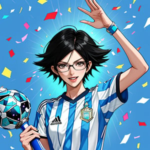 bayonetta wearing a shirt of the Argentine soccer team that consists of light blue and white vertical stripes while cheering on the team with light blue and white confetti falling in the background, she also raises a happy world tournament trophy with one arm