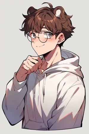 score_9, score_8_up, score_7_up, score_6_up, rating_safe, source_anime, 1boy, Brown hair, grey eyes, bear ears, white hoodie, round glasses,looking to the side, empty_hands.,portraitart,portrait art style, smile, full_body, blushing,