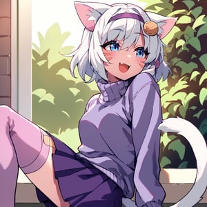 score_9, score_8_up, score_7_up, score_6_up, rating_safe, source_anime, 1girl, white gray hair, pins in hair, violet sweater with 3 triangles desing, dark purple skirt, band-aids on legs, pink stockings, cat tail, cat ears, hair color white gray cat ears and tail, blue eyes, makeup, happy_face,looking to the side, empty_hands