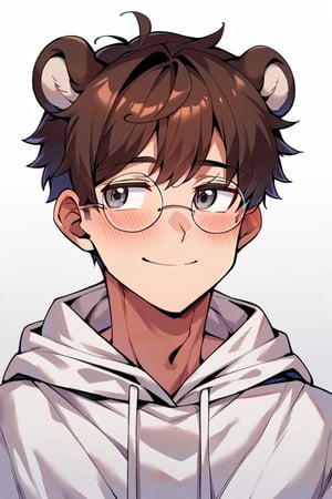 score_9, score_8_up, score_7_up, score_6_up, rating_safe, source_anime, 1boy, Brown hair, grey eyes, bear ears, white hoodie, round glasses,looking to the side, empty_hands.,portraitart,portrait art style, smile, full_body, blushing, highly strung, withe skin,