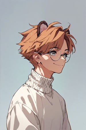 score_9, score_8_up, score_7_up, score_6_up, rating_safe, source_anime, 1boy, Brown hair, grey eyes, cat mouth, bear ears, white sweater, round glasses, makeup, happy_face,looking to the side, empty_hands. portrait poses,