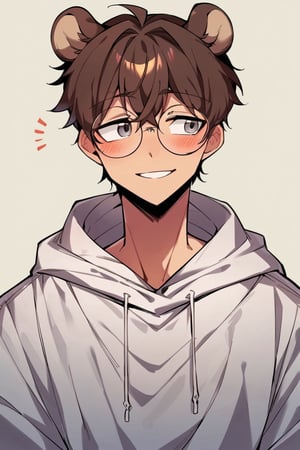 score_9, score_8_up, score_7_up, score_6_up, rating_safe, source_anime, 1boy, Brown hair, grey eyes, bear ears, white hoodie, round glasses,looking to the side, empty_hands.,portraitart,portrait art style, smile, full body shot, blushing, highly strung, withe skin,