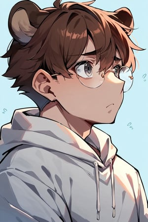 score_9, score_8_up, score_7_up, score_6_up, rating_safe, source_anime, 1boy, Brown hair, grey eyes, bear ears, white hoodie, round glasses,looking to the side, empty_hands.