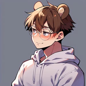 score_9, score_8_up, score_7_up, score_6_up, rating_safe, source_anime, 1boy, Brown hair, grey eyes, bear ears, white hoodie, round glasses,looking to the side, empty_hands.,portraitart,portrait art style, smile, full body shot, blushing, highly strung, withe skin,