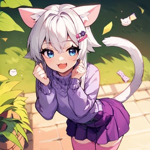 score_9, score_8_up, score_7_up, score_6_up, rating_safe, source_anime, 1girl, white gray hair, pins in hair, violet sweater with 3 triangles desing, dark purple skirt, band-aids on legs, pink stockings, cat tail, cat ears, hair color white gray cat ears and tail, blue eyes, makeup, happy_face,looking to the side, empty_hands