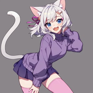 score_9, score_8_up, score_7_up, score_6_up, rating_safe, source_anime, 1girl, white gray hair, pins in hair, violet sweater with 3 triangles desing, dark purple skirt, band-aids on legs, pink stockings, cat tail, cat ears, hair color white gray cat ears and tail, blue eyes, makeup, happy_face,looking to the side, empty_hands