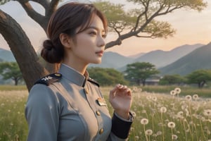 A serene sunset scene: lush grassland stretches toward a majestic tree, its branches reaching into the dusk. In the foreground, a statuesque Korean beauty with luscious hair stands in front of a handsome male officer with short hair. The male officer is just a soul, vaguely emerging, with a transparent body. The Korean beauty stretches out her She stroked the male officer's face with her right hand and stared thoughtfully into the distance. Her delicate face was illuminated by the warm light of dusk. Dandelions float in the sky overhead, adding a touch of whimsy to this idyllic scene.