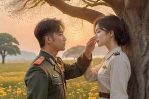 Capture a serene sunset scene: a lush grassland stretches towards a majestic tree with outstretched branches against a warm orange-yellow dusk sky. In the foreground, a statuesque Korean beauty stands beside a transparent male army officer, his short hair and soulful expression visible despite his ethereal form. The beauty's luscious locks frame her delicate face as she strokes the officer's face with her right hand, lost in thought. Dandelions drift lazily above, their seeds carried by the gentle breeze. Framing: medium shot, warm golden lighting, serpentine composition guiding the viewer's eye from the majestic tree to the romantic duo.