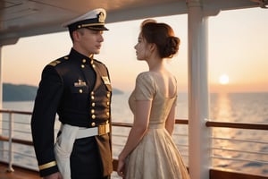 A solemn moment unfolds as the handsome male officer, dressed in crisp military attire, stands at attention on the deck of the departing ship, his short hair and stern expression conveying duty-bound responsibility. The warmth of the setting sun casts a golden glow on the scene, highlighting the poignant farewell between him and his long-locked, beautiful wife, elegantly attired in a flowing dress, her waving goodbye infused with a hint of sadness as she struggles to hold back tears.