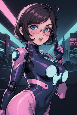 illustration comic retro, cartoon 1930 style, toon character brunette pinup girl face robot with sunglasses cyberpunk, dark background lights retrowave