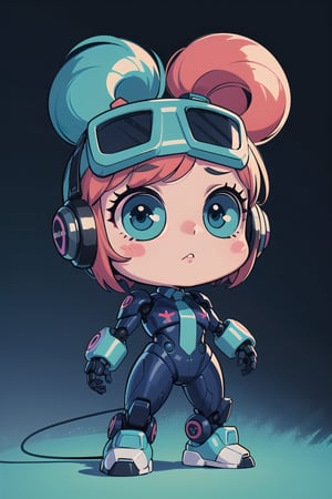 illustration comic retro, comic '80s style, chibi cartoon character girl robot with sunglasses cyberpunk, full view body from head to ties, dark background lights retrowave, sticker format