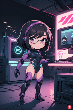 illustration comic retro, comic '80s style, chibi character brunette pinup girl robot with sunglasses cyberpunk, dark background lights retrowave, logo gamer sticker format