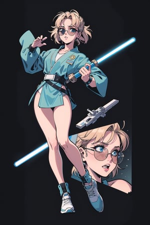 illustration comic retro, comic '80s style, cartoon character star wars jedi girl with saber light and sunglasses, full view body from head to ties, dark background lights retrowave, sticker format