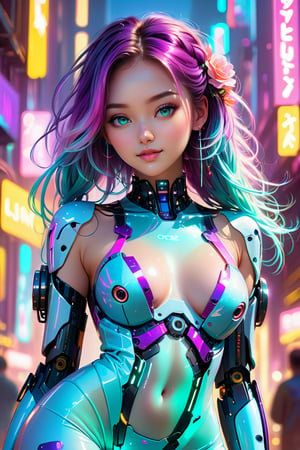 A masterpiece of digital illustration! A stunning 1-girl solo scene with a bright, luminescent rose and aqua color scheme. Our subject boasts medium-long hair with intricate braids, two-tone purple and white locks shimmering in the light. Her eyes gleam with a mesmerizing gradient effect, shifting from purple to aqua hues.

She's dressed in an outfit that showcases her cyberpunk style, featuring latex embroidery, see-through laced cloth, and neon trim accents. Her mechanical legs are sleekly integrated into her robot joints, giving off a mecha-musume vibe.

Her gaze meets the viewer's, with a seductive smile playing on her lips. Closed-mouthed, yet inviting, she exudes an air of embarrassment and blushes slightly. Her body is curvy, with beautiful European eyes highlighted by a subtle shine. A delicate nose ring adds to her charm, as does her skindentation.

As the camera captures her in a cowboy shot, topless and confident, her thighs are bare, showcasing her perfect ass. The lighting is rimmed with bokeh and lens flares, creating an iridescent effect that shimmers like glitter. In the background, neon lights from the cyberpunk city cast a distant glow.

This digital illustration masterpiece is a true work of art, blending beautiful cyberpunk elements with stunningly rendered human features.