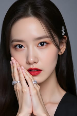 Yoona, her authentic facial features in detail, her characteristic (emotions:1.9), graceful body, gracious fingers, diamond rings, black hair, black eyes eyebrows and eyelashes, decollete, diamond hairpin, hdr, HQ, studio photography, korean makeup