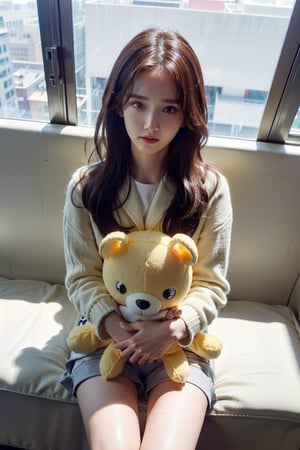 Generate hyper realistic image of an asian woman. masterpiece, best quality, view from above, (((Focus on a soft toy))), exuding sophistication.(((full beauty slim body))), long legs, 1 girl, ((lim yoon)), ((oval yoona narrow face)), (((narrow yoona brown eyes))), yoona nouse, a random emotion face, beautiful girl 24 years random poses, She is embarrassed to hold a random big stuffed cute toy on her lap, very bright backlighting, solo, {beautiful and detailed eyes}, calm expression, natural and soft light, HDR, longer hair,realhands