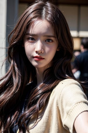 Generate hyper realistic image of an Young woman with long flowing hair. masterpiece, best quality, exuding sophistication.1 girl, selfie focus, ((lim yoon)), ((oval yoona narrow face)), (((narrow yoona eyes))), squinting, yoona nouse, a random emotion face, young babe 28 years old,very bright backlighting, solo, {beautiful and detailed eyes},calm expression, natural and soft light, HDR,super long hair, longer hair