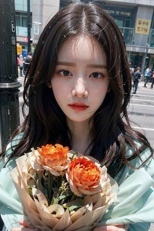 Generate hyper realistic image of an Young woman with long flowing hair. masterpiece, best quality, exuding sophistication.1 girl, selfie face close up focus, He presses a bouquet of flowers to his face, ((lim yoon)), ((oval lim yoon narrow face)), (((narrow lim yoon eyes))), squinting, offended, lim yoon nouse, lim yoon mouth, scowled, 28 years old,very bright backlighting, solo, {beautiful and detailed eyes},calm expression, natural and soft light, HDR,super long hair, longer hair,bouquet,heart hands