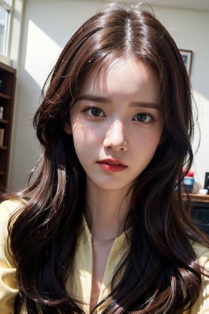 Generate hyper realistic image of an Young woman with long flowing hair. masterpiece, best quality, exuding sophistication.1 girl, selfie focus, ((lim yoon)), ((oval yoona narrow face)), (((narrow yoona eyes))), yoona nouse, a random emotion face, young babe 28 years old,very bright backlighting, solo, {beautiful and detailed eyes},calm expression, natural and soft light, HDR,super long hair, longer hair
