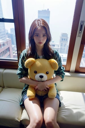 Generate hyper realistic image of an asian woman. masterpiece, best quality, view from above, (((Focus on a soft toy))), exuding sophistication.(((full beauty slim body))), long legs, 1 girl, ((lim yoon)), ((oval yoona narrow face)), (((narrow yoona brown eyes))), yoona nouse, a random emotion face, beautiful girl 24 years random poses, She is embarrassed to hold a random big stuffed cute toy on her lap, very bright backlighting, solo, {beautiful and detailed eyes}, calm expression, natural and soft light, HDR, longer hair,realhands