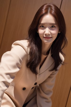 Lim Yoon Ah 24yo, kpop makeup, Korean,baby face, tall, slender, black hair, yoona crooked legs, yoona protruding forehead, (yoona straight low eyebrows), almond-shaped narrow yoona eyes, dark brown pupils, left eye narrower than right, high yoona cheeks, upturned long  asian nose, thin yoona lips, shy smile, The corners of the lips are deep, dimples on yoona cheeks, high yoona jaw, blunt yoona chin, selfie,a full body shot,lora:IcfgirlLora_v40:1,Beauty,photorealistic,Cutest baby 