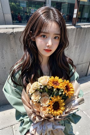 Generate hyper realistic image of an Young woman with long flowing hair. masterpiece, best quality, exuding sophistication.1 girl, (face close up) focus, sniffing a bouquet of flowers, He looks eyes at the bouquet, ((lim yoon)), ((oval lim yoon narrow face)), (((narrow lim yoon eyes))), ((squinting)), offended, lim yoon nouse, lim yoon mouth, scowled, young babe 28 years old,very bright backlighting, solo, {beautiful and detailed eyes},calm expression, natural and soft light, HDR,super long hair, longer hair,bouquet