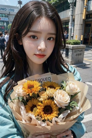 Generate hyper realistic image of an Young woman with long flowing hair. masterpiece, best quality, exuding sophistication.1 girl, selfie ((face close up)) focus, He presses a bouquet of flowers to his face, ((lim yoon)), ((oval lim yoon narrow face)), (((narrow lim yoon eyes))), beauty smile, lim yoon nouse, lim yoon mouth, scowled, 28 years old,very bright backlighting, solo, {beautiful and detailed eyes},calm expression, natural and soft light, HDR,super long hair, longer hair,bouquet,heart hands