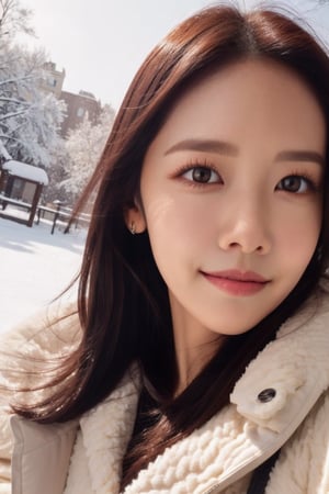 Lim Yoon Ah,A pure smile, moments stretch and twist, turning a hurried walk into an eternity of swirling flakes. (masterpiece, detailed artwork), Snowflakes,1girl, brown eyes, sleepy, blush, (detailed lips), (cute winter coat, knitted winter coat), twin drills, drill locks,black hair, jewelry, sleepy eyes, Snow, snowflakes,masterpiece,BACK VIEW,kpop makeup, Korean,baby face,high nose, She opened her mouth, tall, slender, black hair, yoona crooked legs, yoona protruding forehead, (yoona straight low eyebrows), almond-shaped narrow yoona eyes, dark brown pupils, left eye narrower than right, high yoona cheeks, upturned  cute asian nose, thin yoona lips, The corners of the lips are deep, dimples on yoona cheeks, high yoona jaw, blunt yoona chin, selfie,a full body shot,lora:IcfgirlLora_v40:1,Beauty,photorealistic,Cutest baby ,sugar_rune