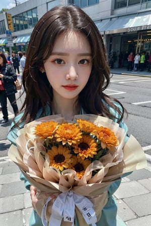 Generate hyper realistic image of an pretty woman with long flowing hair. masterpiece, best quality, exuding sophistication.1 girl, selfie ((face close up)) focus, He presses a bouquet of flowers to his face, ((lim yoon)), ((oval lim yoon narrow face)), (((narrow lim yoon eyes))), beauty smile, lim yoon nouse, lim yoon mouth, scowled, 28 years old,very bright backlighting, solo, {beautiful and detailed eyes},calm expression, natural and soft light, HDR,super long hair, longer hair,bouquet,heart hands