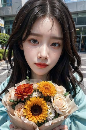 Generate hyper realistic image of an pretty woman with long flowing hair. masterpiece, best quality, exuding sophistication.1 girl, selfie ((face close up)) focus, He presses a bouquet of flowers to his face, ((lim yoon)), ((oval lim yoon narrow face)), (((narrow lim yoon eyes))), beauty smile, lim yoon nouse, lim yoon mouth, scowled, 28 years old,very bright backlighting, solo, {beautiful and detailed eyes},calm expression, natural and soft light, HDR,super long hair, longer hair,bouquet,heart hands