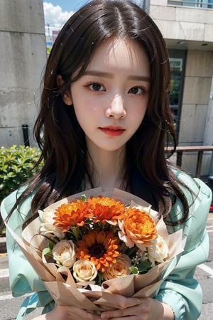 Generate hyper realistic image of an pretty woman with long flowing hair. masterpiece, best quality, exuding sophistication.1 girl, selfie ((face close up)) focus, He presses a bouquet of flowers to his face, ((lim yoon)), ((oval lim yoon narrow face)), (((narrow lim yoon eyes))), beauty smile, lim yoon nouse, lim yoon mouth, scowled, 28 years old,very bright backlighting, solo, {beautiful and detailed eyes},calm expression, natural and soft light, HDR,super long hair, longer hair,bouquet,heart hands