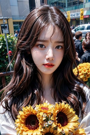 Generate hyper realistic image of an Young woman with long flowing hair. masterpiece, best quality, exuding sophistication.1 girl, selfie (face close up) focus, Smelling flowers, ((lim yoon)), ((oval lim yoon narrow face)), (((narrow lim yoon eyes))), ((squinting)), offended, lim yoon nouse, lim yoon mouth, scowled, young babe 28 years old,very bright backlighting, solo, {beautiful and detailed eyes},calm expression, natural and soft light, HDR,super long hair, longer hair,bouquet