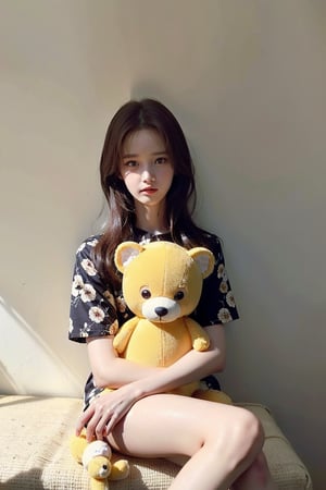 Generate hyper realistic image of an asian woman. masterpiece, best quality, view from above close-up, (((Focus on a soft toy))), exuding sophistication.(((full beauty slim body))), long legs, 1 girl, ((lim yoon)), ((oval yoona narrow face)), (((narrow yoona brown eyes))), yoona nouse, beautiful girl 24 years random poses, She is embarrassed to hold a random big stuffed cute toy on her lap, very bright backlighting, solo, {beautiful and detailed eyes}, calm expression, natural and soft light, HDR, longer hair,realhands