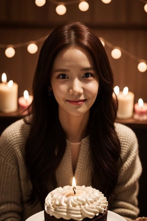 Hight quality, best quality, hd, 8k, reaslistic, draw me a young woman,looking at the camera, posing,ulzzang, streaming on twitch, character album cover,style of bokeh, wide shot camera,yoona's face and the 34 candles on the cake she is enjoying.blows out the candles on the cake with his mouth,looking at camera, smile, cinematic lighting, photorealistic, appropriate comparison of cold and warm, hair over one eye, reality,idol,Beauty,yoona,Cutest baby ,sugar_rune