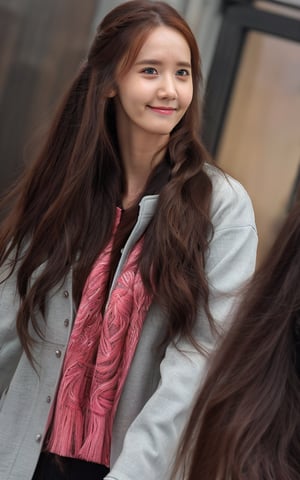 adult women, yoona face, child face, cute, dark black hair, smile eyes, admiration, skinny, long leggings, branded jacket, shopping center, photogenic pose