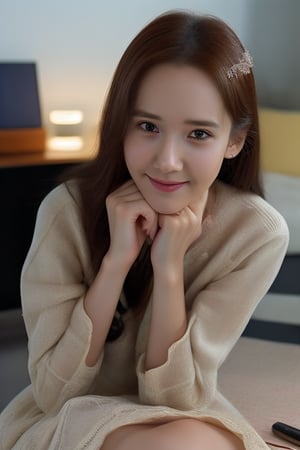 Yoona, 24 years old, exhibition down full body, smile Yoona's emotion, furrowed brows, slim, Yoona's prominent narrow forehead, slightly sloping nose, Yoona cheekbones, Yoona chin, korean makeup,  photogenic pose, overhead view, HQ, magnification by a professional
camera