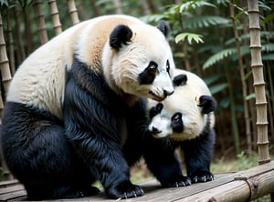 In a full-body shot from a frontal angle, within a serene setting reminiscent of nature with bamboo and a resting platform, a panda sits on the platform, gazing perplexedly at the audience. The panda features soft fur, intricate texture details, bright colors, and a hyper-realistic appearance. Rendered in RAW format with a resolution of 16K, this artwork is a masterpiece with ultra-high definition and sharp focus. The scene is professionally executed with a blurred background, adding to the surreal atmosphere. Close-up portraiture enhances the sense of emptiness, with a backdrop of mist and smoke contributing to the cyberpunk aesthetic. The character embodies the concept of a cybernetic woman with robot-like skin, utilizing the nodf_lora style.